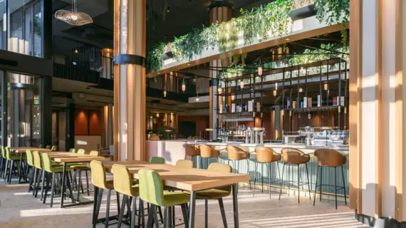  A modern yet natural bar interior, characterized by warm wood design and a variety of hanging greenery and plant arrangements. Stylish lighting elements set the tone. 