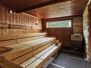 A wooden sauna from the inside.