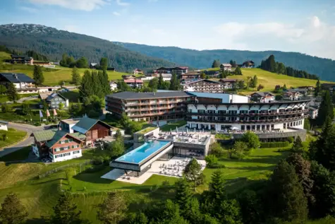 Gebäude mit einem Infinity-Pool im Zentrum eines Bergdorfes, umgeben von Bäumen und einer Landschaft mit Bergen.