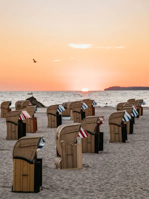 Eine Gruppe von Stühlen am Strand.