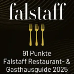 Restaurantführerkarte mit schwarzem Hintergrund und weißem Text: falstaff 91 Punkte Restaurant Guide