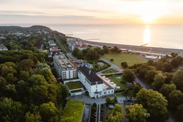 Luftaufnahme einer Stadt mit Bäumen und einem Gewässer.