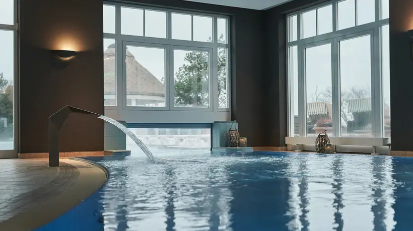 Innenpool mit Wasserfall in einem eleganten Raum.