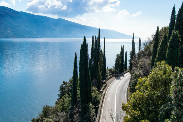 The picture shows a picturesque view of a winding road that meanders along a shore. The calm, glistening waters of Lake Garda can be seen on the left, surrounded by rolling hills. To the right of the road are tall cypress trees, typical of Mediterranean landscapes. The scenery is bathed in bright sunshine and a clear blue sky, emphasising the natural beauty of the surroundings.