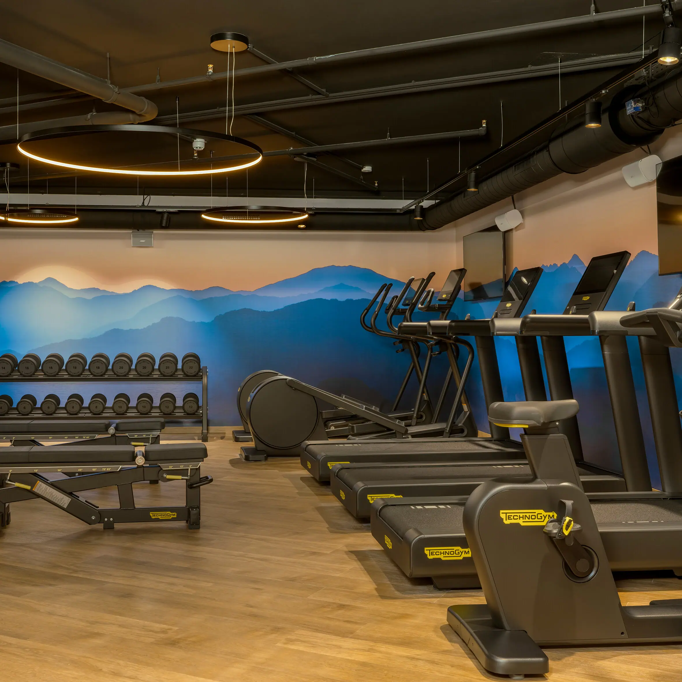 Fitnessbereich Ein Fitnessstudio mit Laufbändern und Trainingsgeräten.