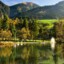 Eine grüne Landschaft mit Bergen und vielen Bäumen mit einem See im Vordergrund.