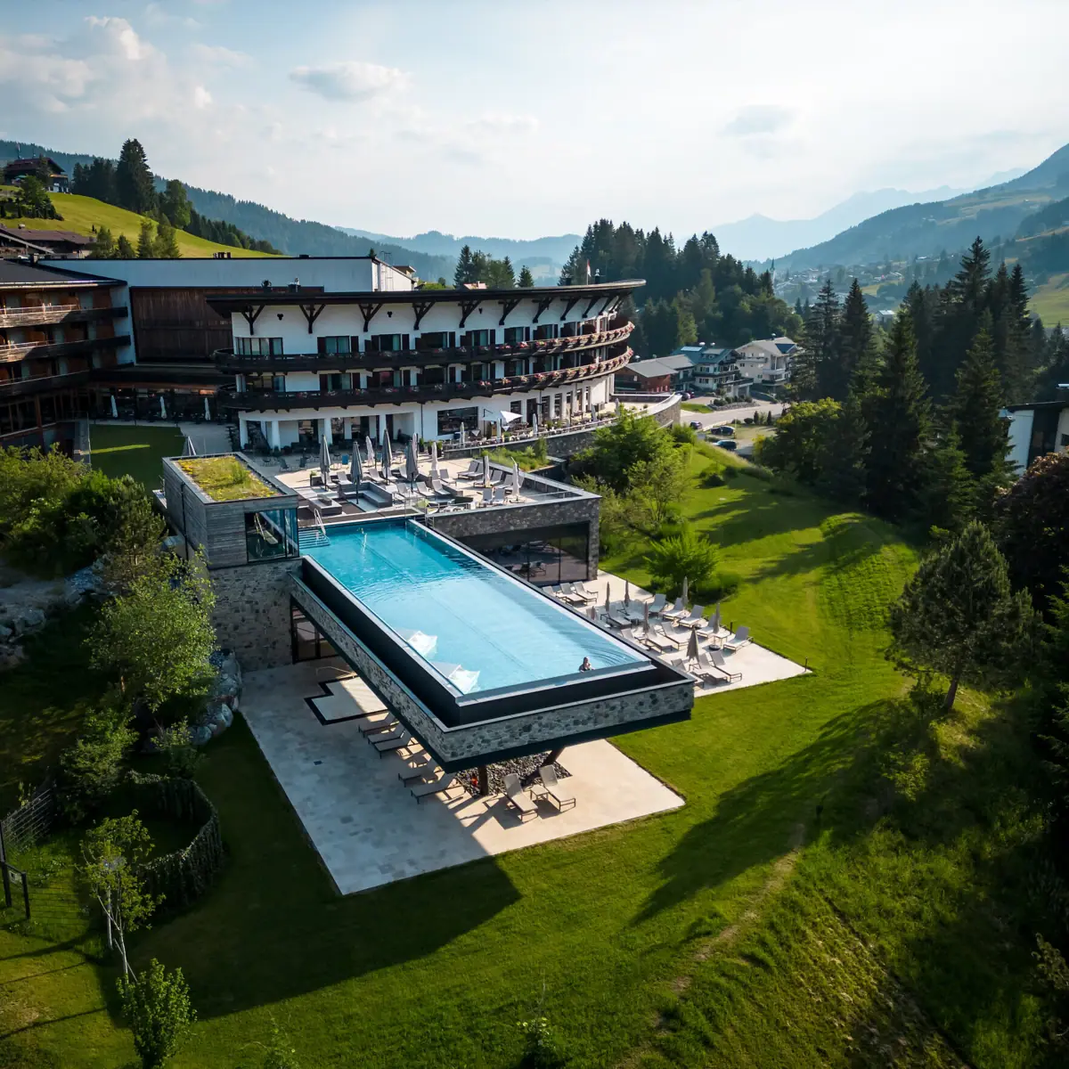 Das A-ROSA Ifen Hotel Kleinwalsertal mit einem Außenpool und Bäumen und Himmel im Hintergrund.