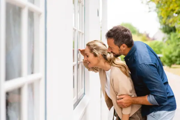 Schaufenster Ein Mann und eine Frau schauen aus einem Fenster.