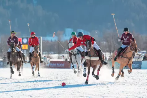 Eine Gruppe von Polospieler, in verschiedenen Farben gekleidet, verfolgt auf einem schneebedeckten Spielfeld einen roten Ball. 