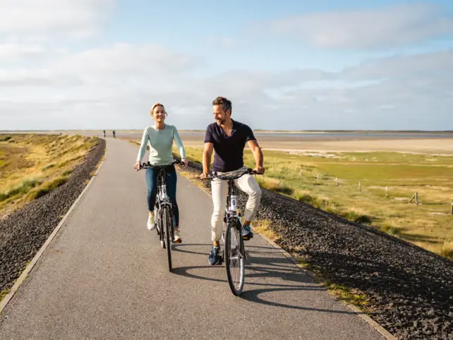 Ein Paar fährt auf Fahrrädern auf einem Deich Weg entlang des Meeres. Die Sonne scheint warm in das Bild. 