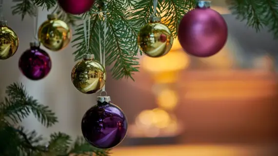 Nahaufnahme von Weihnachtsschmuck an einem Tannenbaum.