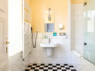 Ein kleines Badezimmer mit einem Waschbecken, einer Dusche und schwarz-weißen Bodenfliesen.