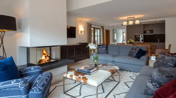 A bright living area with a fireplace and two gray sofas, a blue armchair and a coffee table in the middle. In the background is a dining table with chairs and an open kitchen.