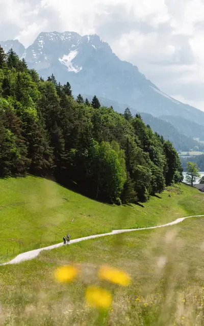 Ein Pfad führt durch eine grüne Wiese zu einem See, umgeben von Bergen und Wolken am Himmel.