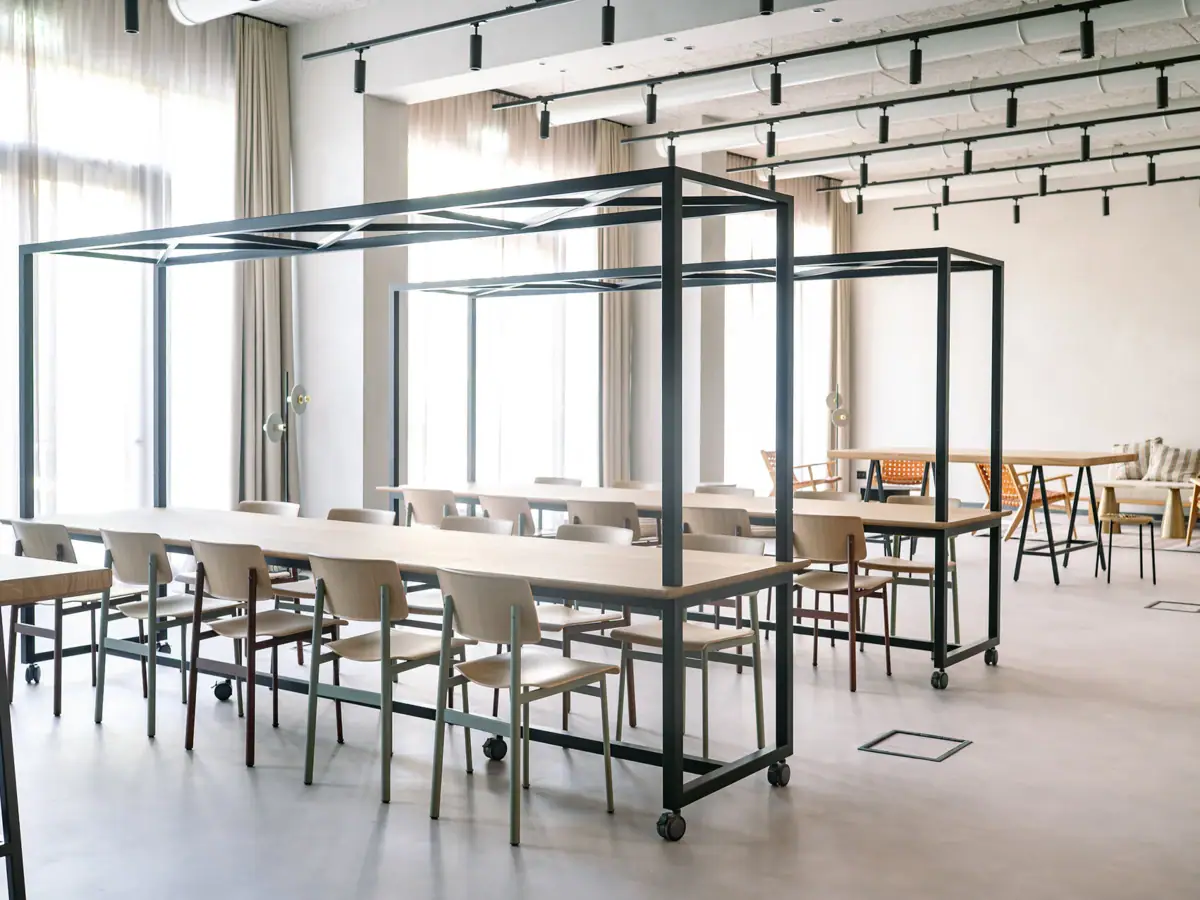 Ein Workshop-Raum mit Tischen und Stühlen.