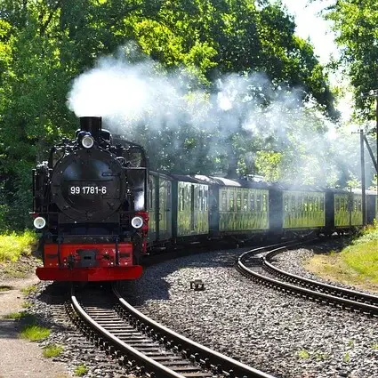 Rasender Roland im Sommer mit klarem Dampf auf Rügen.