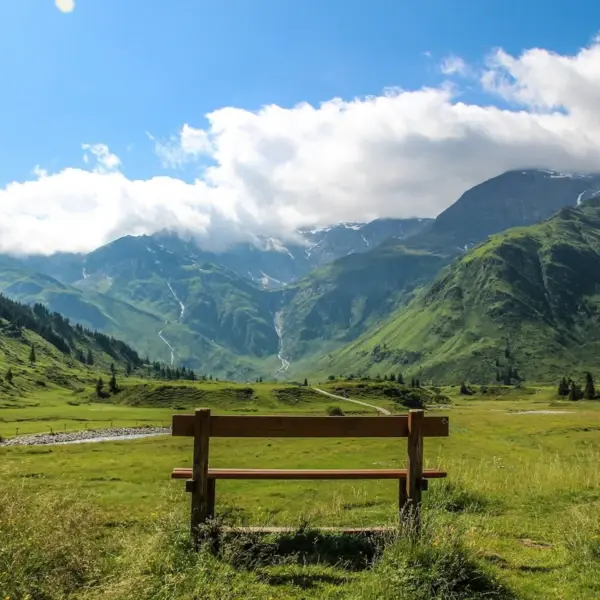 Eine Bank auf einer Wiese mit Bergen im Hintergrund.