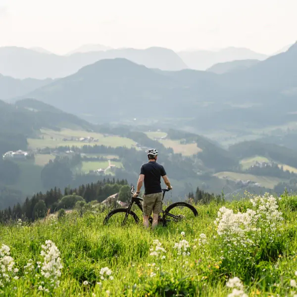 Ein Mann steht mit seinem Fahrrad auf einer blumenbewachsenen Bergwiese und schaut in das entfernte Tal. Im Hintergrund ragen weite Berge in die Höhe. 