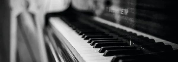 Ein Klavier in schwarz weiß, von der Seite mit Fokus auf den Tasten fotografiert. 