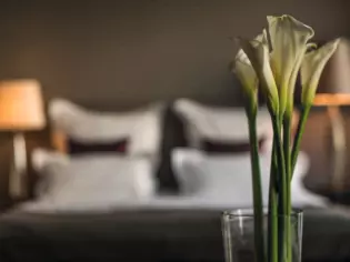 Eine Vase mit eleganten, weißen Calla-Lilien steht im Vordergrund. Im unscharfen Hintergrund ist ein Schlafzimmer zu erkennen, das von einer sanften Beleuchtung durch Tischlampen auf beiden Seiten eines Doppelbettes mit weißer Bettwäsche und schwarzen Akzentkissen erhellt wird.