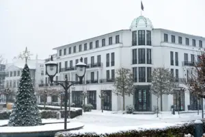 Ein Gebäude mit einer Fahne auf dem Dach und Bäumen davor.