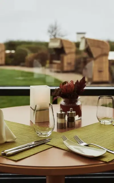 Ein gedeckter Tisch mit Blick durch ein Fenster ins Freie mit Servietten und Gläsern.