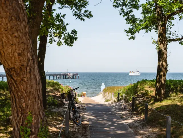 Ein schmaler Weg führt zu einem Strand und ein Fahrrad lehnt an einem Zaun.
