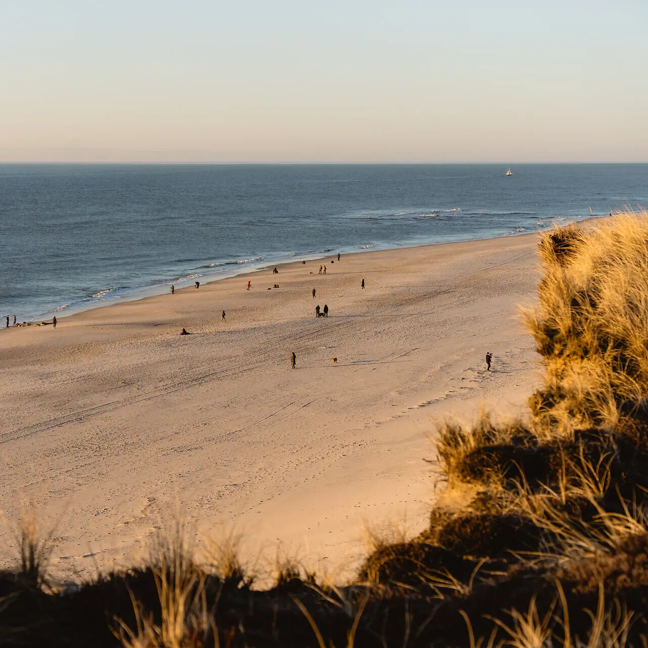Menschen spazieren am Strand entlang.