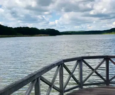 Holzsteg mit Blick auf einen See unter bewölktem Himmel.