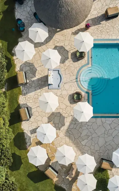 Outdoor swimming pool with parasols and sun loungers surrounded by plants.