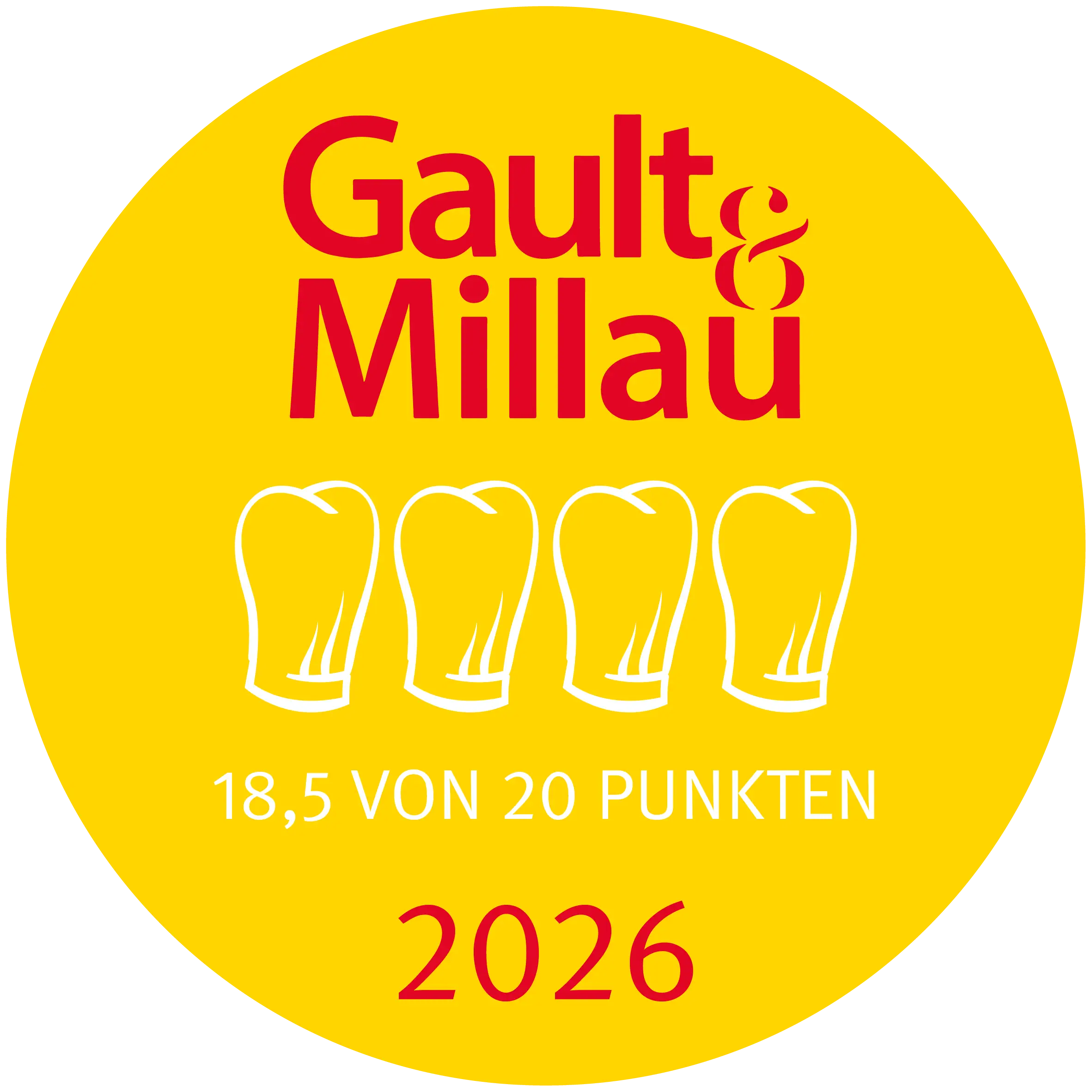 Gault & Millau Auszeichnung Kilian Stuba 2026 mit 18,5 von 20 Punkten.