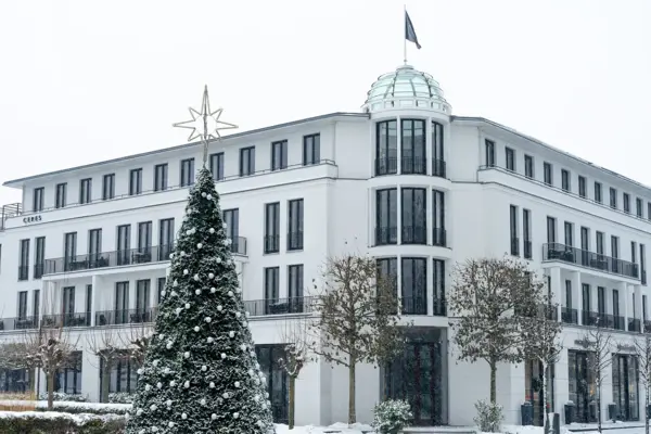 Weißes Gebäude mit einem schneebedeckten Tannenbaum davor. 