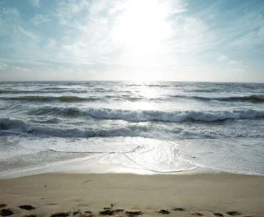 Der Strand geht in das wellenbedeckte Meer über. Die Sonne scheint hell auf das Meer und den Strand.