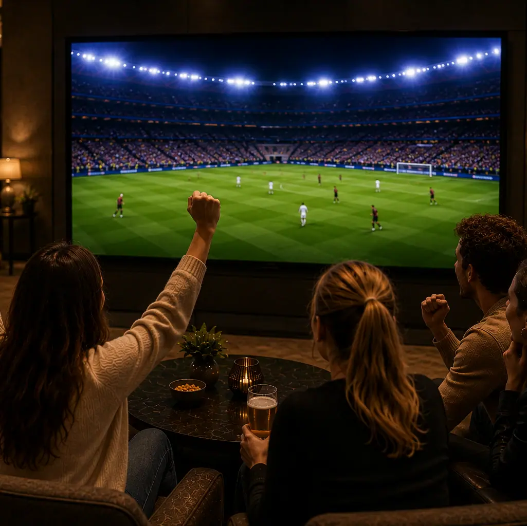 Eine Gruppe von Menschen schaut ein Fußballspiel im Fernsehen.