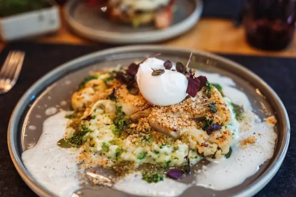 Heimat Harz Menü Ein Teller mit Essen und weißer Soße.