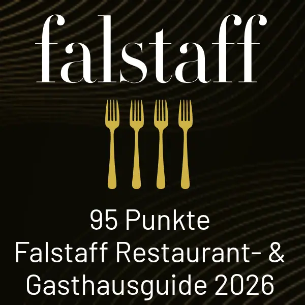 Restaurantführerkarte mit schwarzem Hintergrund und weißem Text: falstaff 95 Punkte Restaurant Guide