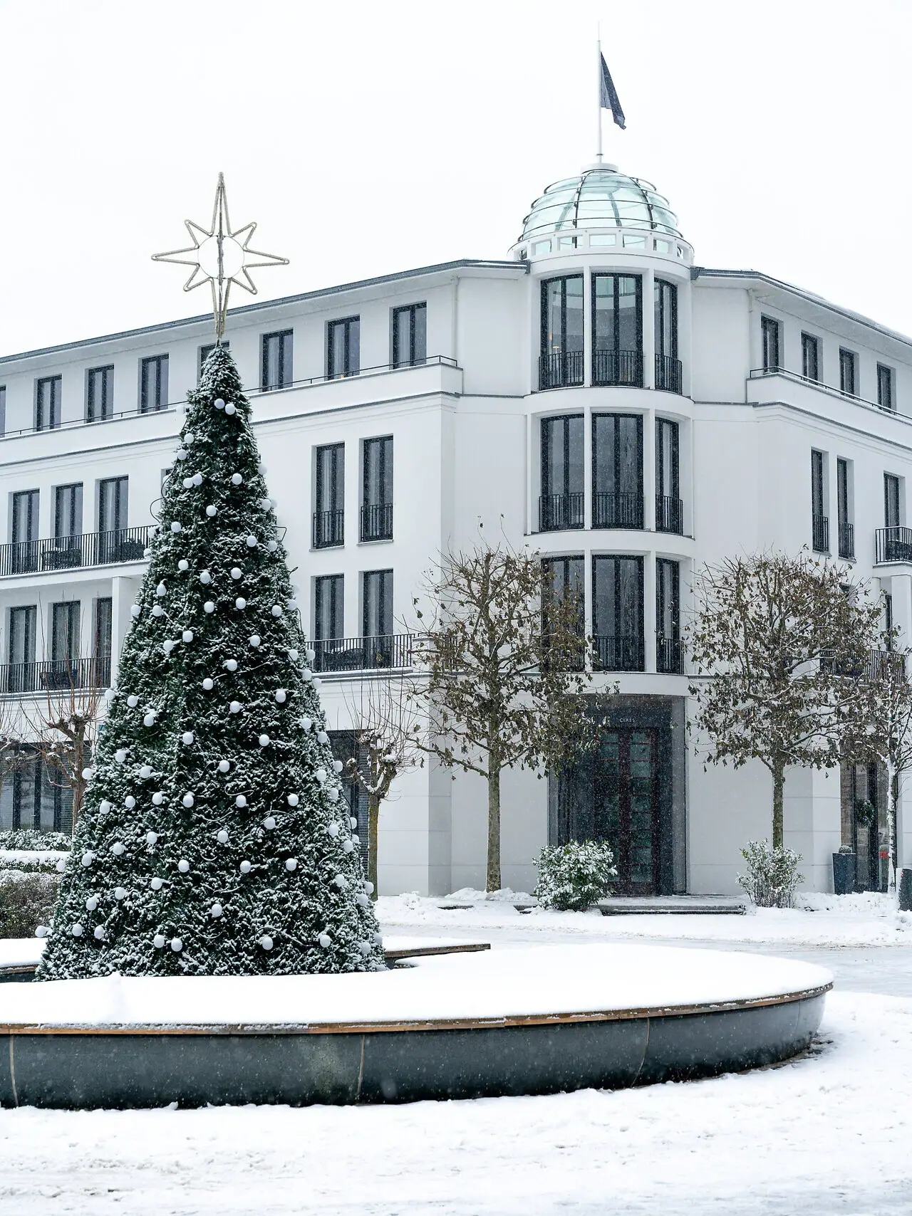 Ein Weihnachtsbaum vor einem Gebäude im Schnee.