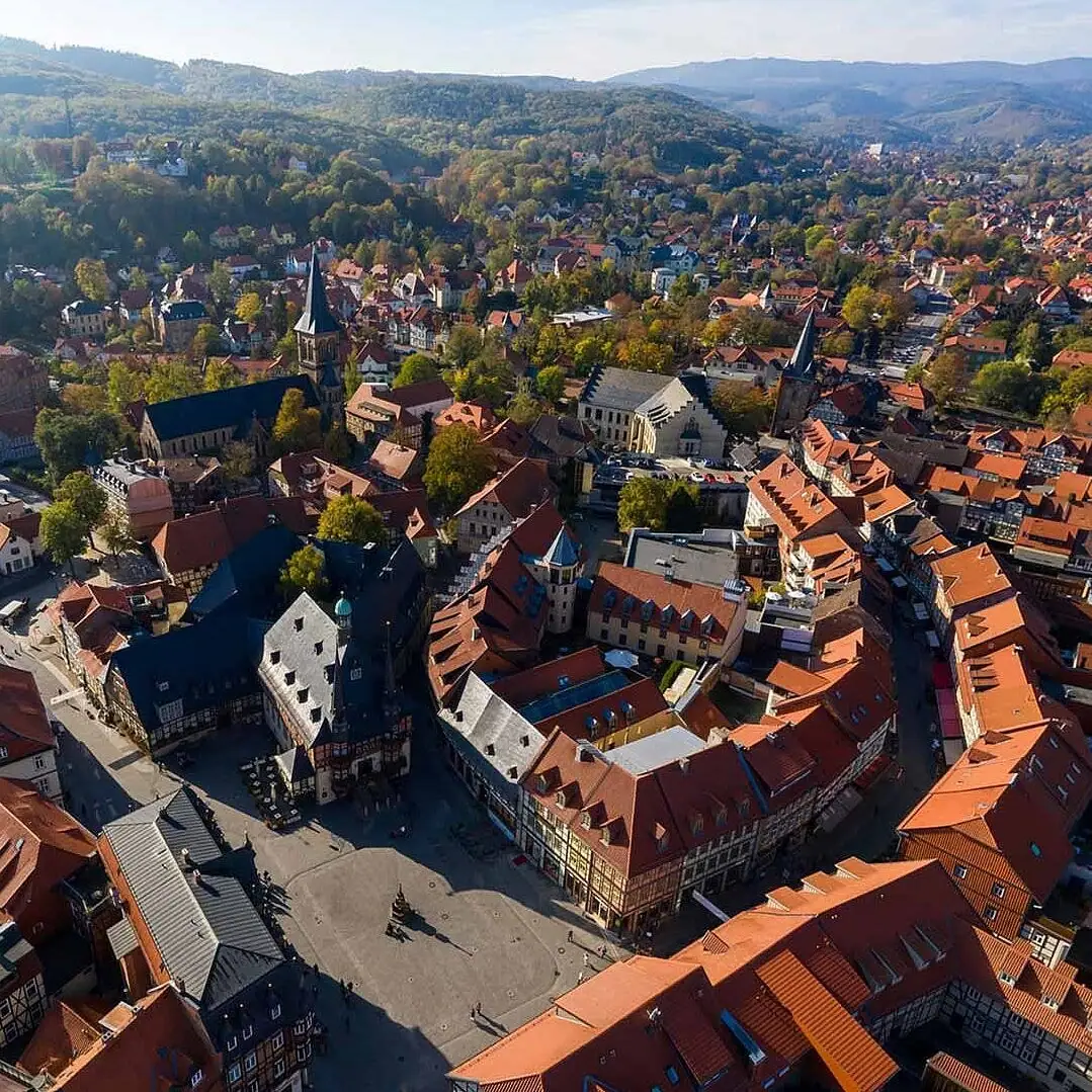 Luftaufnahme einer Stadt mit Häusern, Bäumen und Bergen im Hintergrund.