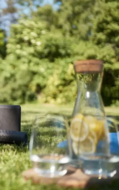 Auf einer grünen Wiese steht eine Karaffe mit Zitronenwasser und Gläsern daneben. 