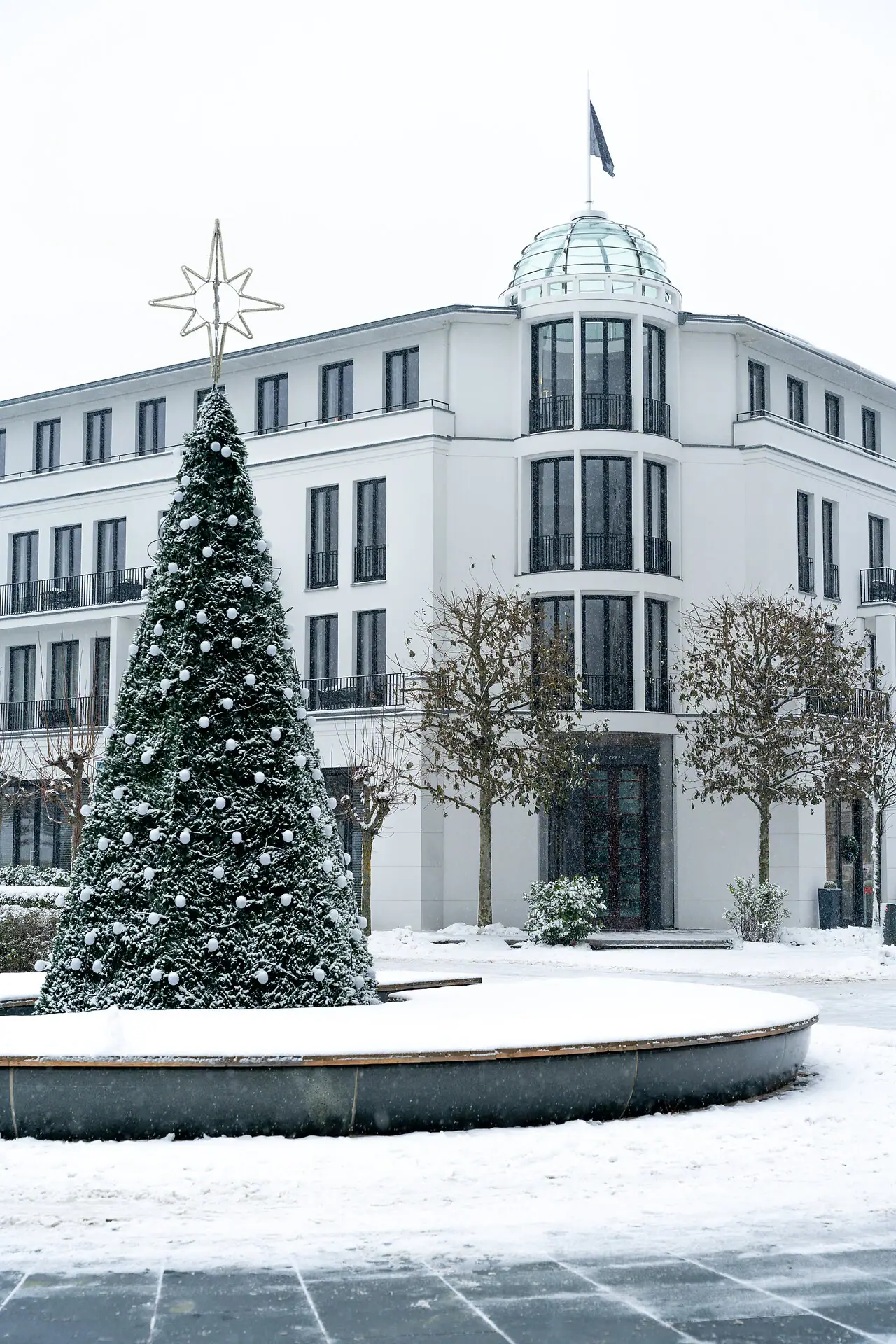 Ein Weihnachtsbaum vor einem Gebäude im Schnee.
