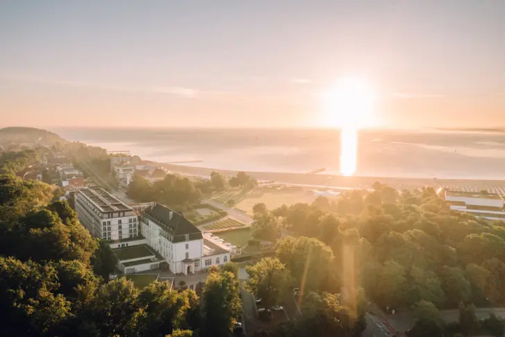 Stadtlandschaft mit Bäumen und Gewässer bei Sonnenaufgang.