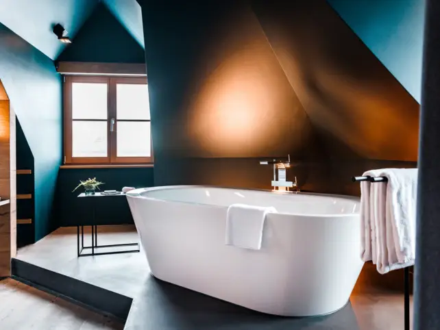 In einem türkis gehaltenen Raum mit Holzboden steht eine freistehende Badewanne mit gemütlicher Beleuchtung. 
