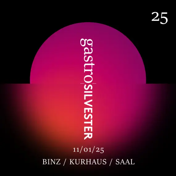 Ein stilisiertes Event-Poster für den "Gastro-Silvester" am 11.01.2025 im Kurhaus Binz, Saal. Das Design zeigt eine abstrakte, halb untergehende Sonne in kräftigen Pink- und Orangetönen auf schwarzem Hintergrund mit dem vertikal platzierten Schriftzug "gastroSILVESTER"