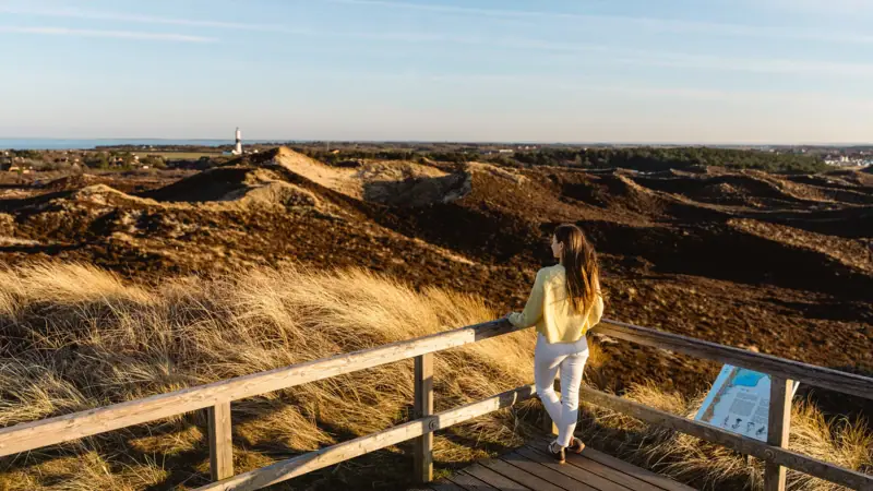 Frau steht auf einem Holzdeck und blickt auf eine Landschaft