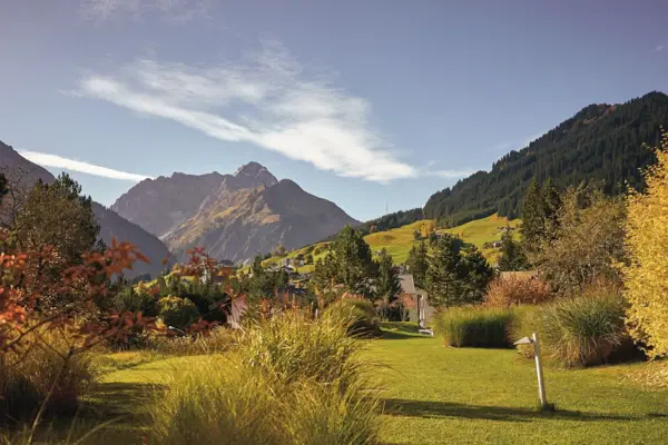 Herbstliche Landschaft mit grüner Wiese, Bäumen und Bergkulisse im Hintergrund.