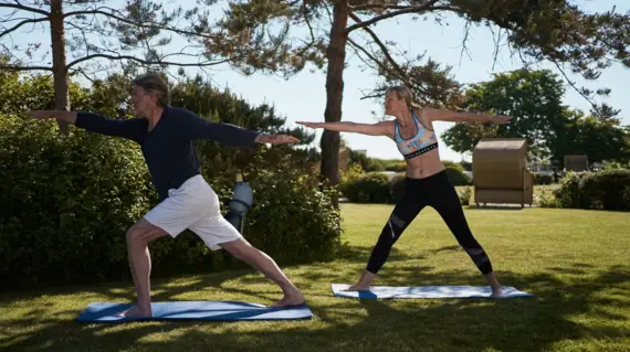 Mann und Frau machen Yoga auf einer Wiese.