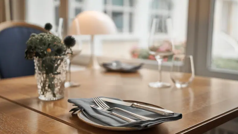 Ein Tisch mit Besteck und Gläsern.