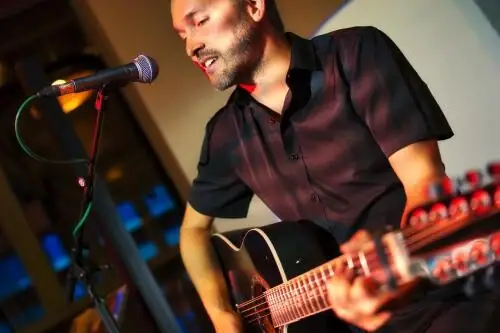 Ein Mann spielt Gitarre und singt in ein Mikrofon.