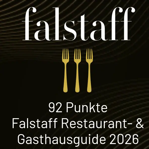 Restaurantführerkarte mit schwarzem Hintergrund und weißem Text: falstaff 91 Punkte Restaurant Guide