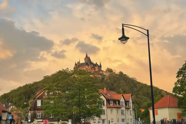 Blick auf das Schloss Wernigerode auf einem bewaldeten Hügel bei stimmungsvollem Abendlicht, umgeben von Fachwerkhäusern und Stadtlaternen im Vordergrund.